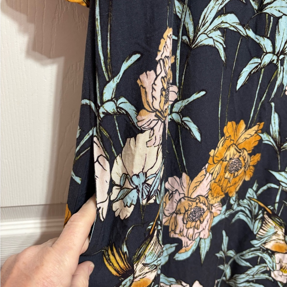 Cupio Navy Floral Scoop Neck Dress with Clod Shoulders and POCKETS! - Picture 3 of 6
